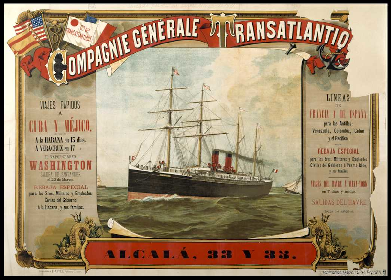 imagen de un cartel anunciador de un barco de vapor a Cuba. En el centro se ve un barco navegando entre las olas y el anuncio de viajes rápidos a Cuba y Méjico