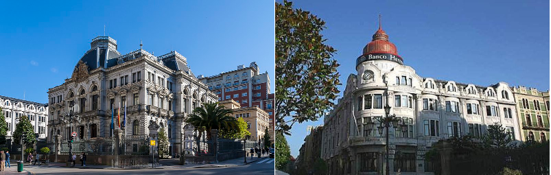 fotocomposición del edificio de la Junta General del Principado y del edificio del Banco Herrero en la calle Fruela en la ciudad de Oviedo. En ambos edificios se ve el color de caliza gris característica procedente del Monte Naranco.